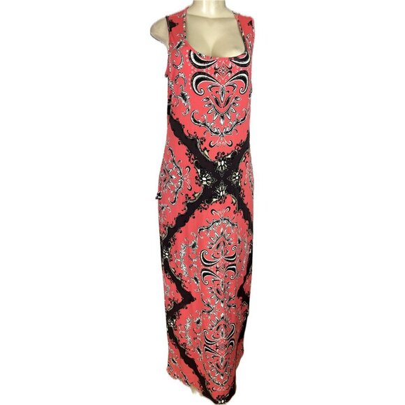 Donna Morgan 12 Coral-Brown Floral Print Scoop Neckline Sleeveless Maxi Dress - Picture 2 of 6